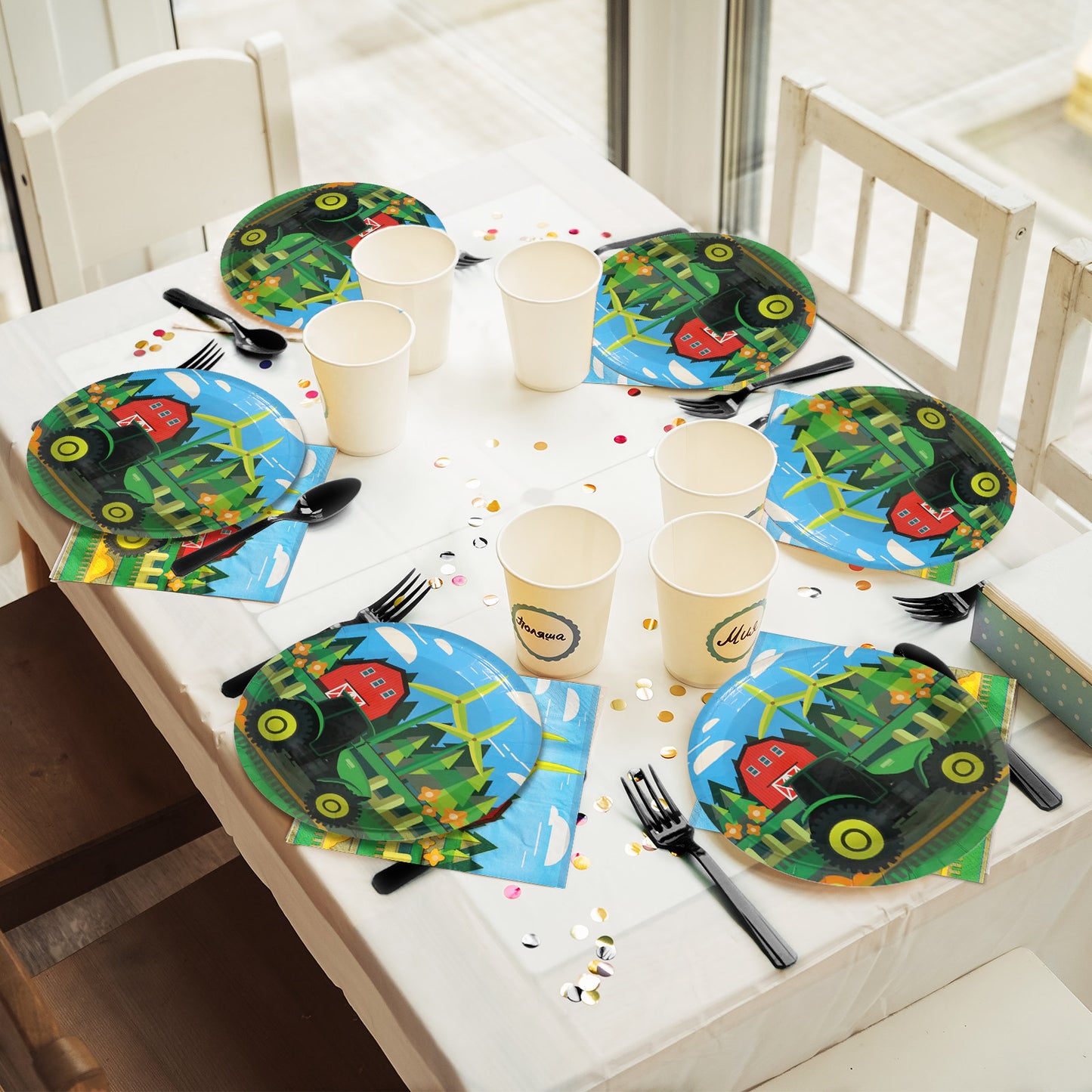 96 Pieces Green Tractor Party Tableware Set Paper Plates Napkins Forks for 24 Guests