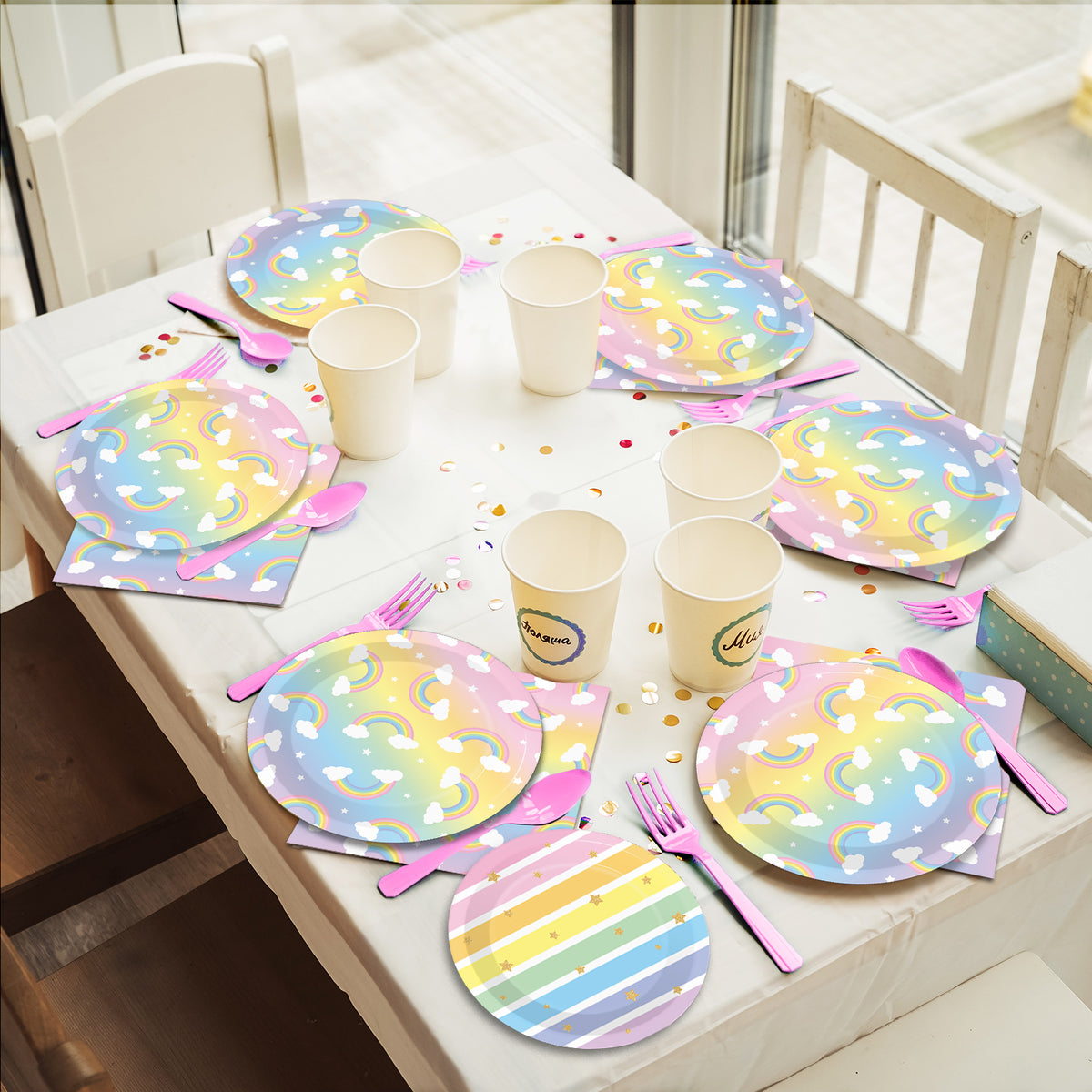 Rainbow Theme Party Supplies,Plates Napkins Forks Set of 96pcs