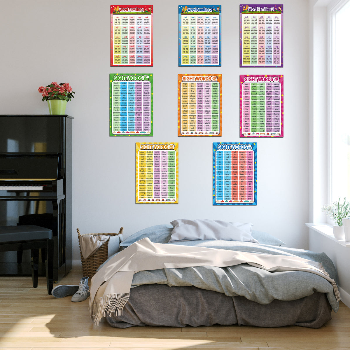 8 Pieces Educational Posters Sight Words and Word Families Posters