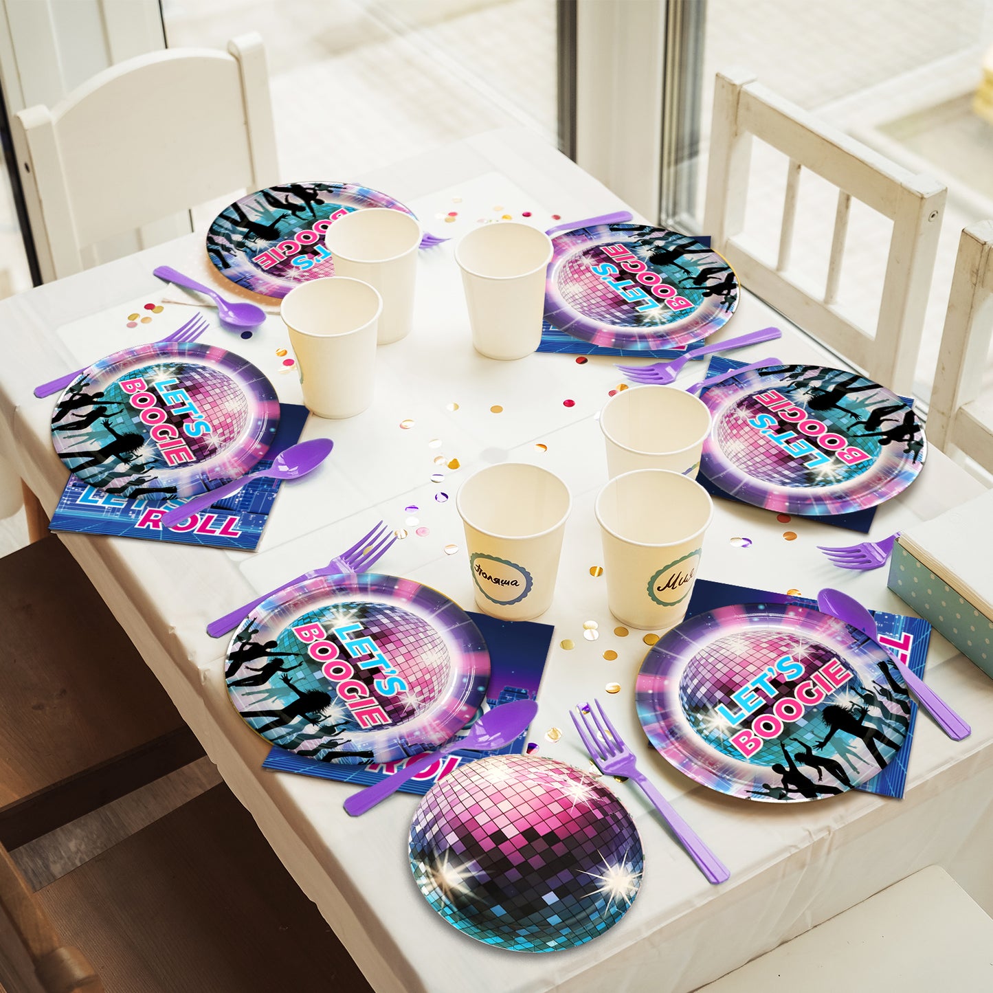 96 Pieces 70's Disco & Roller Skate Party Tableware Set Paper Plates Napkins Forks for 24 Guests