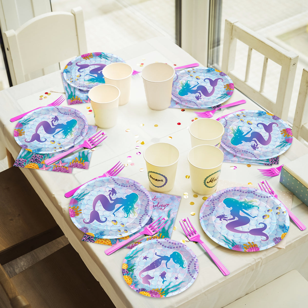 Mermaid Theme Party Supplies,Plates Napkins Forks Set of 96pcs