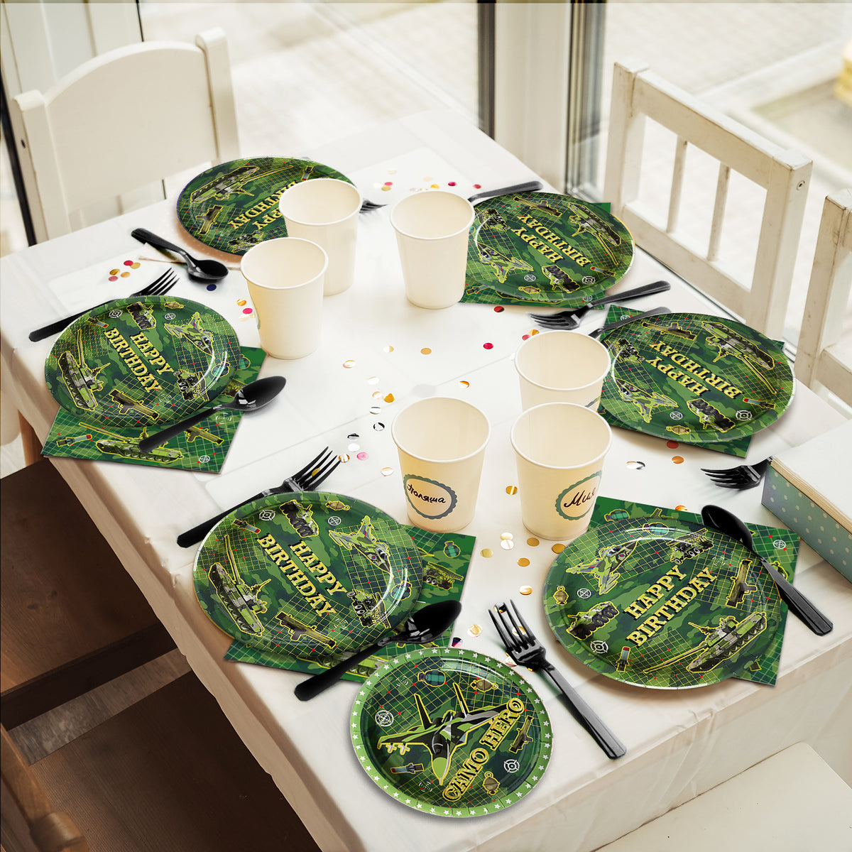 96 Pieces Camo Birthday Party Tableware Set Camouflage Paper Plates Napkins Forks for 24 Guests