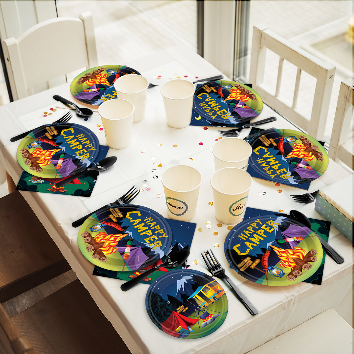 Camping Theme Party Supplies,Plates Napkins Forks Set of 96pcs