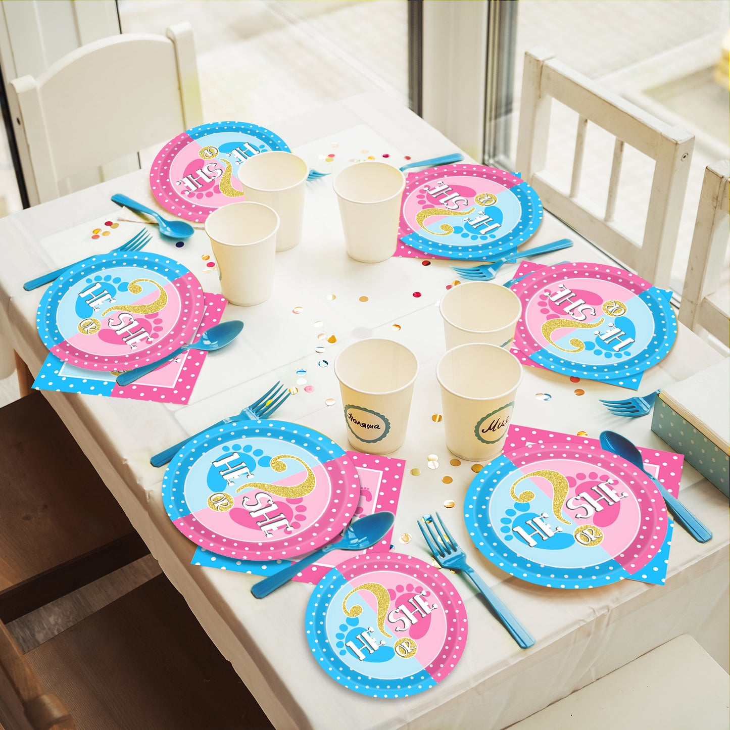 Gender Reveal Theme Party Supplies,Plates Napkins Forks Set of 96pcs