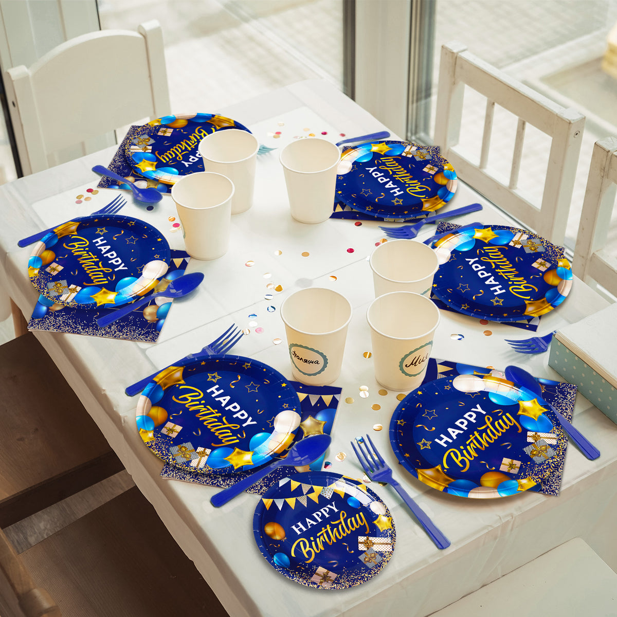 96 Pieces Blue and Gold Birthday Party Tableware Set Paper Plates Napkins Forks for 24 Guests