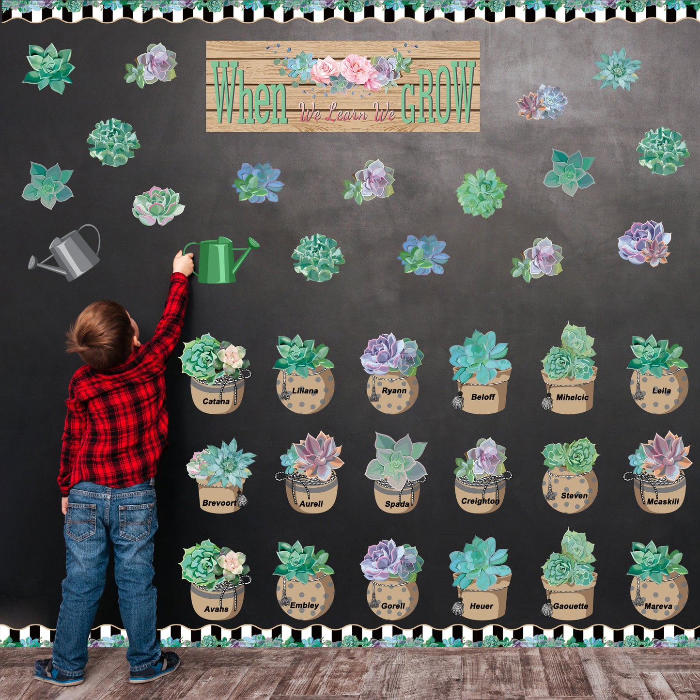 71 Pieces Succulents Bulletin Board Set Cutouts Banner Border Trims Classroom Decor-When We Learn We Grow