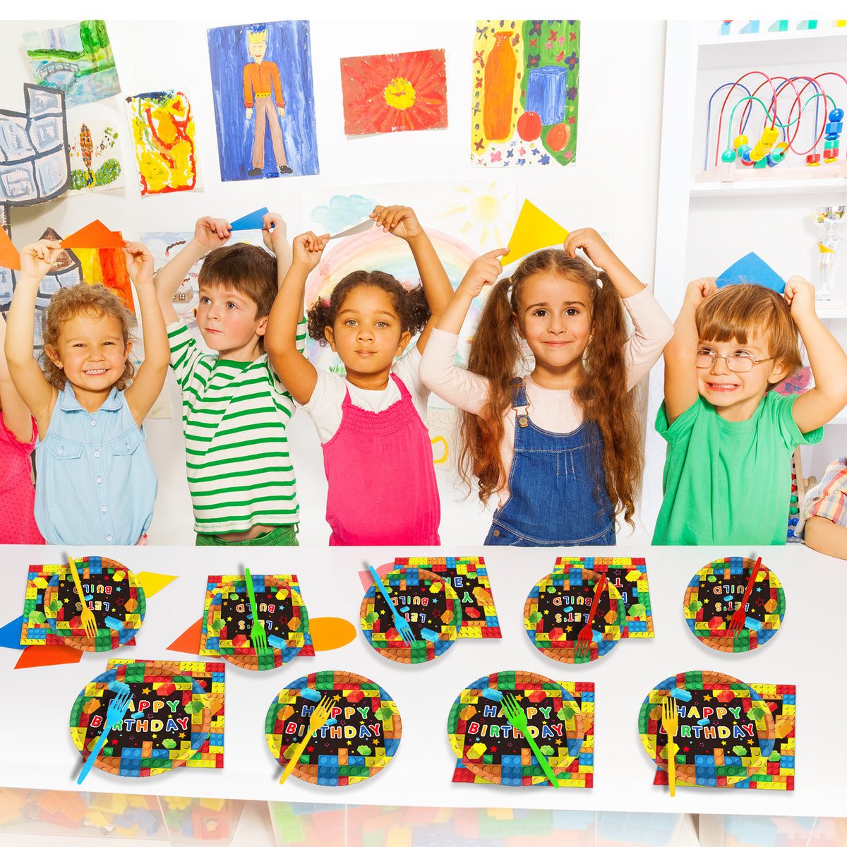 96 Pcs Building Block Birthday Party Supplies for 24 Guests