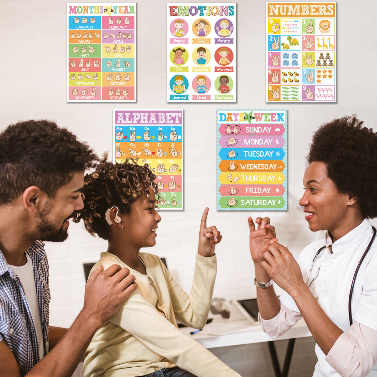 5 Pieces ASL Poster Sign Language Posters for Toddler Kids Students Classroom Decorations
