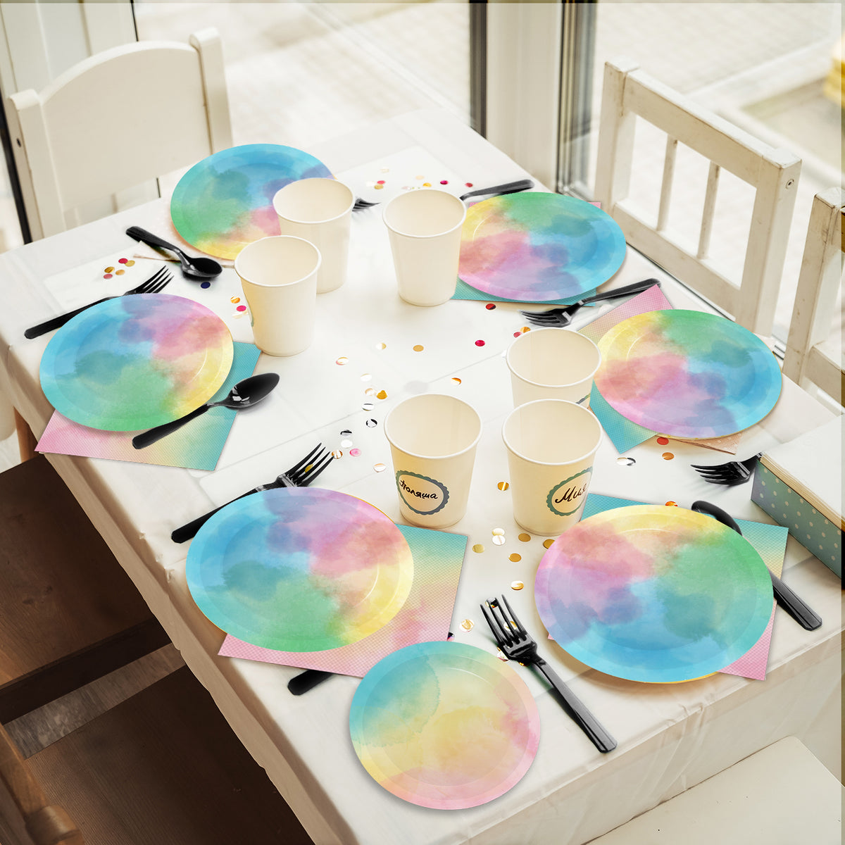Rainbow Pastel Theme Party Supplies,Plates Napkins Forks Set of 96pcs