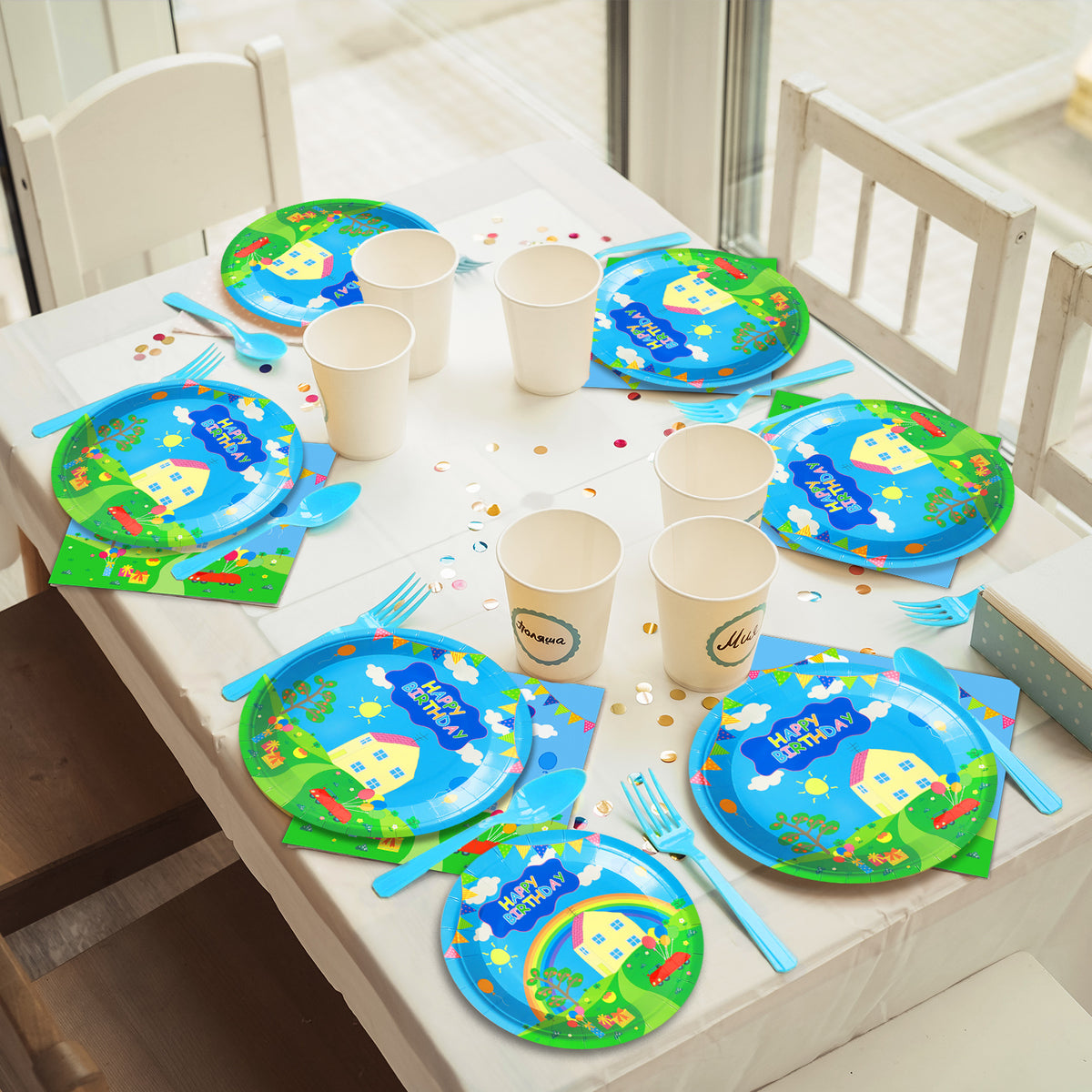 96 Pieces Cartoon Birthday Party Tableware Set Paper Plates Napkins Forks for 24 Guests(Blue)