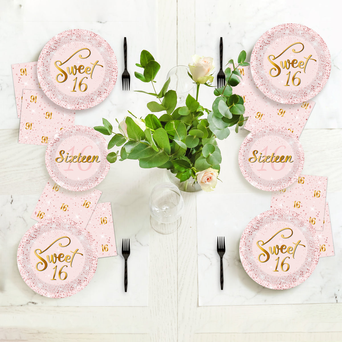 Sweet 16 Birthday Theme Party Supplies,Plates Napkins Forks Set of 96pcs