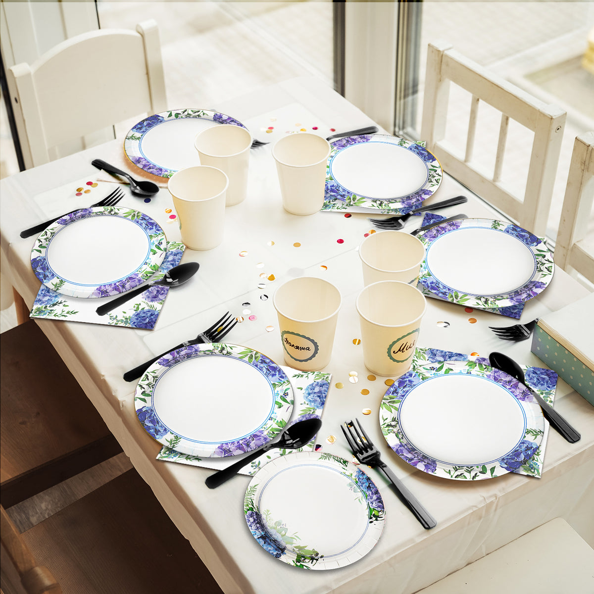 Hydrangea Theme Party Supplies,Plates Napkins Forks Set of 96pcs