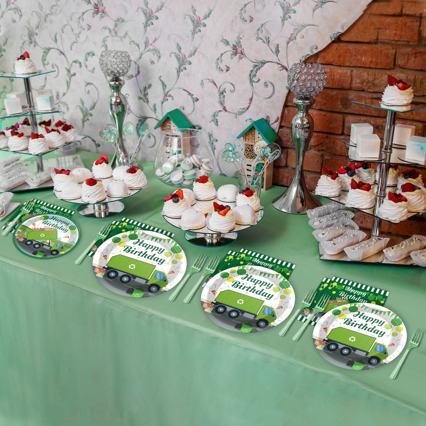 96 Pieces Garbage Truck Party Tableware Set Paper Plates Napkins Forks for 24 Guests