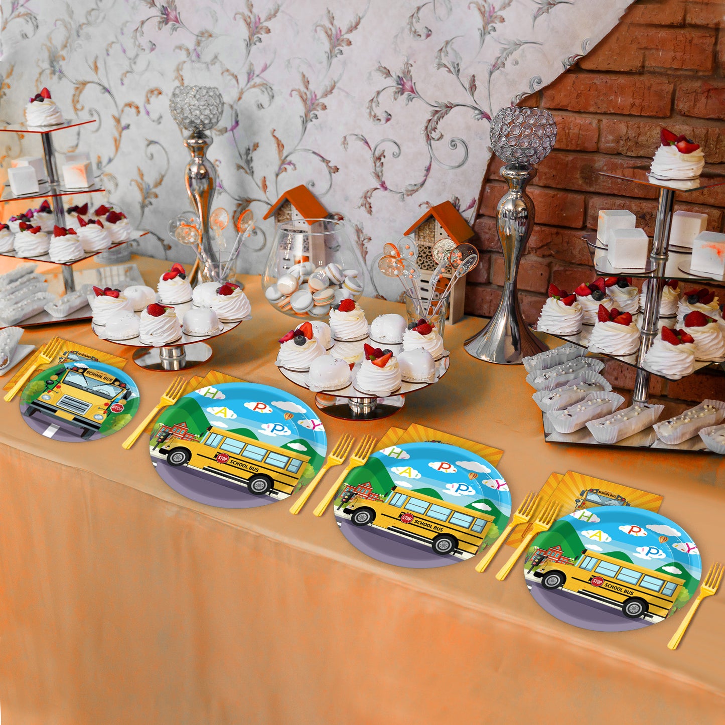 96 Pieces School Bus TableWare Set Back to School Plates Napkins Forks for 24 Guests
