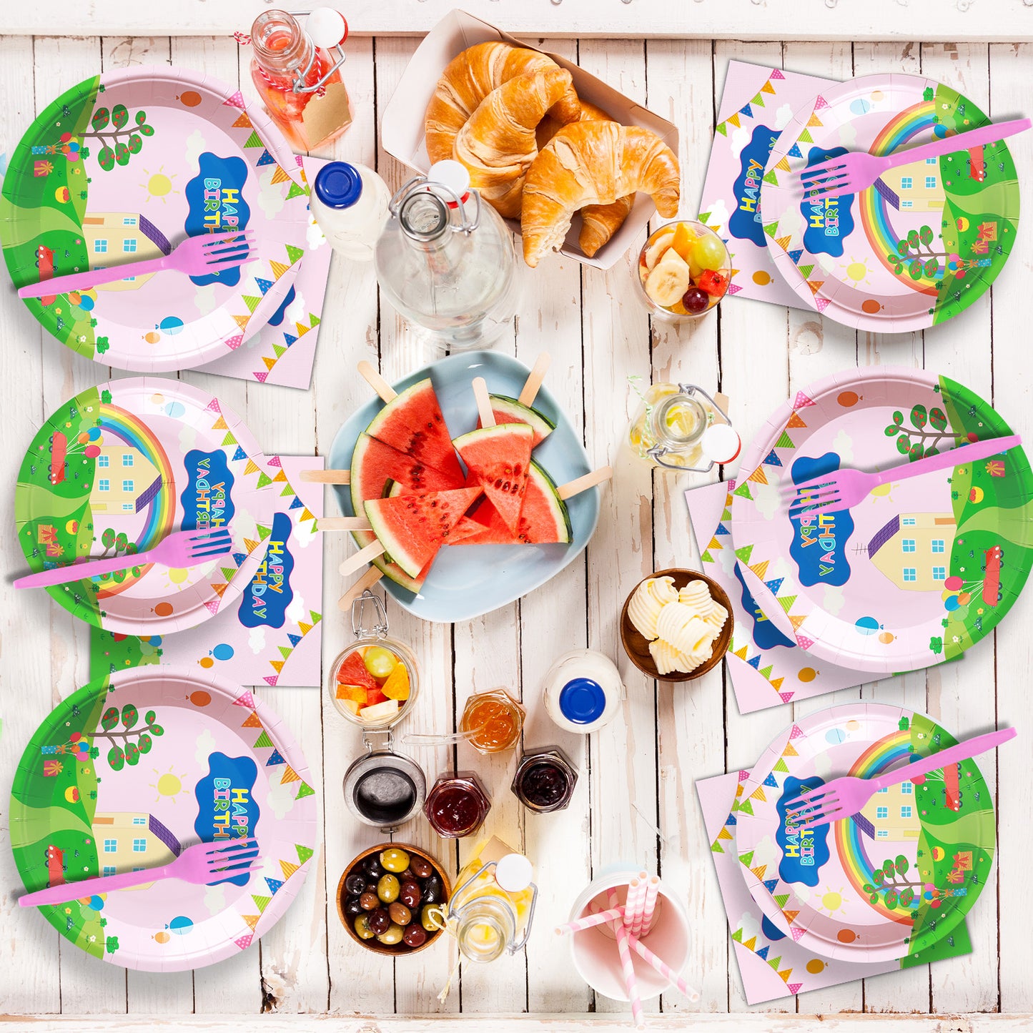 96 Pieces Cartoon Birthday Party Tableware Set Paper Plates Napkins Forks for 24 Guests(Pink)