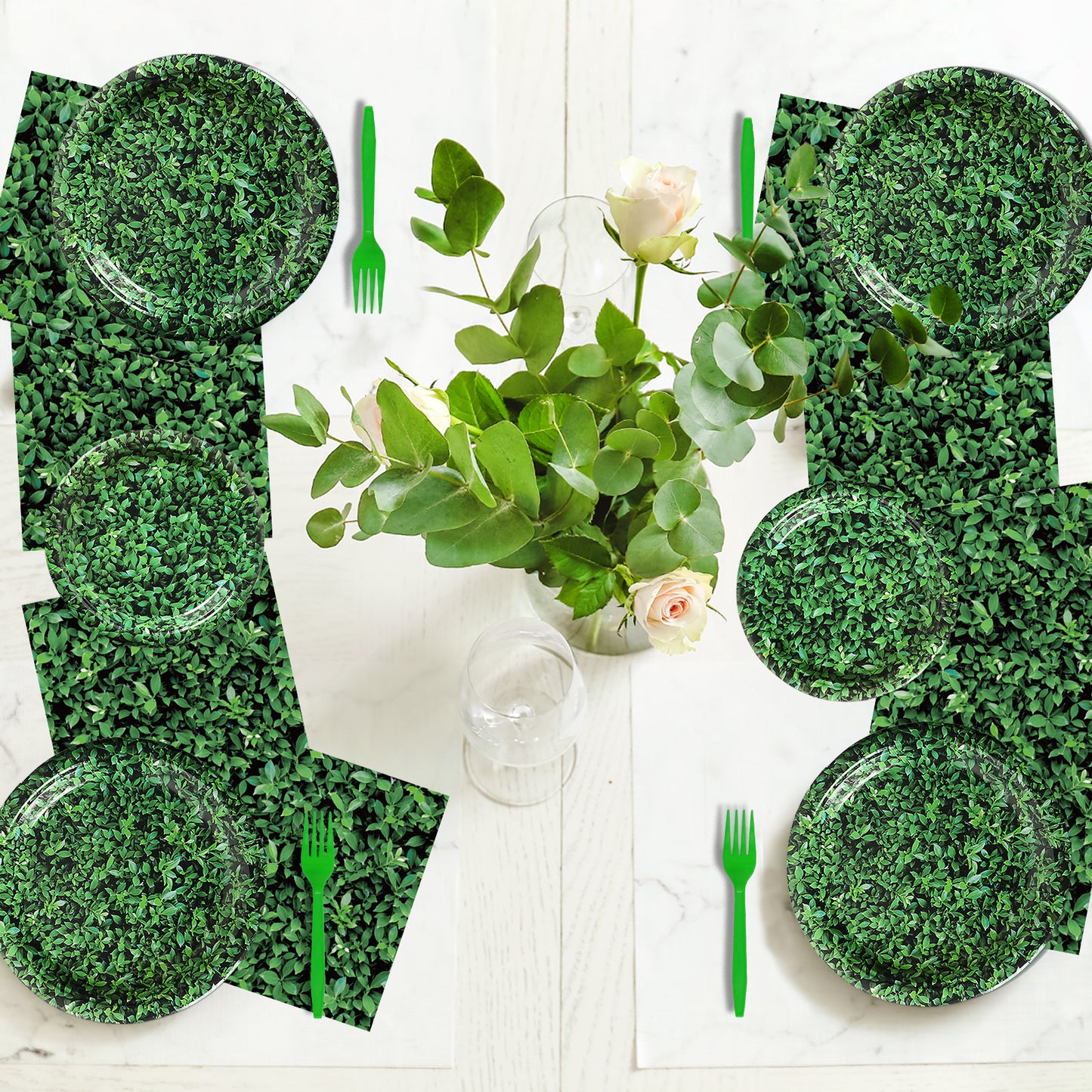 Green Leaves Theme Party Supplies,Plates Napkins Forks Set of 96pcs