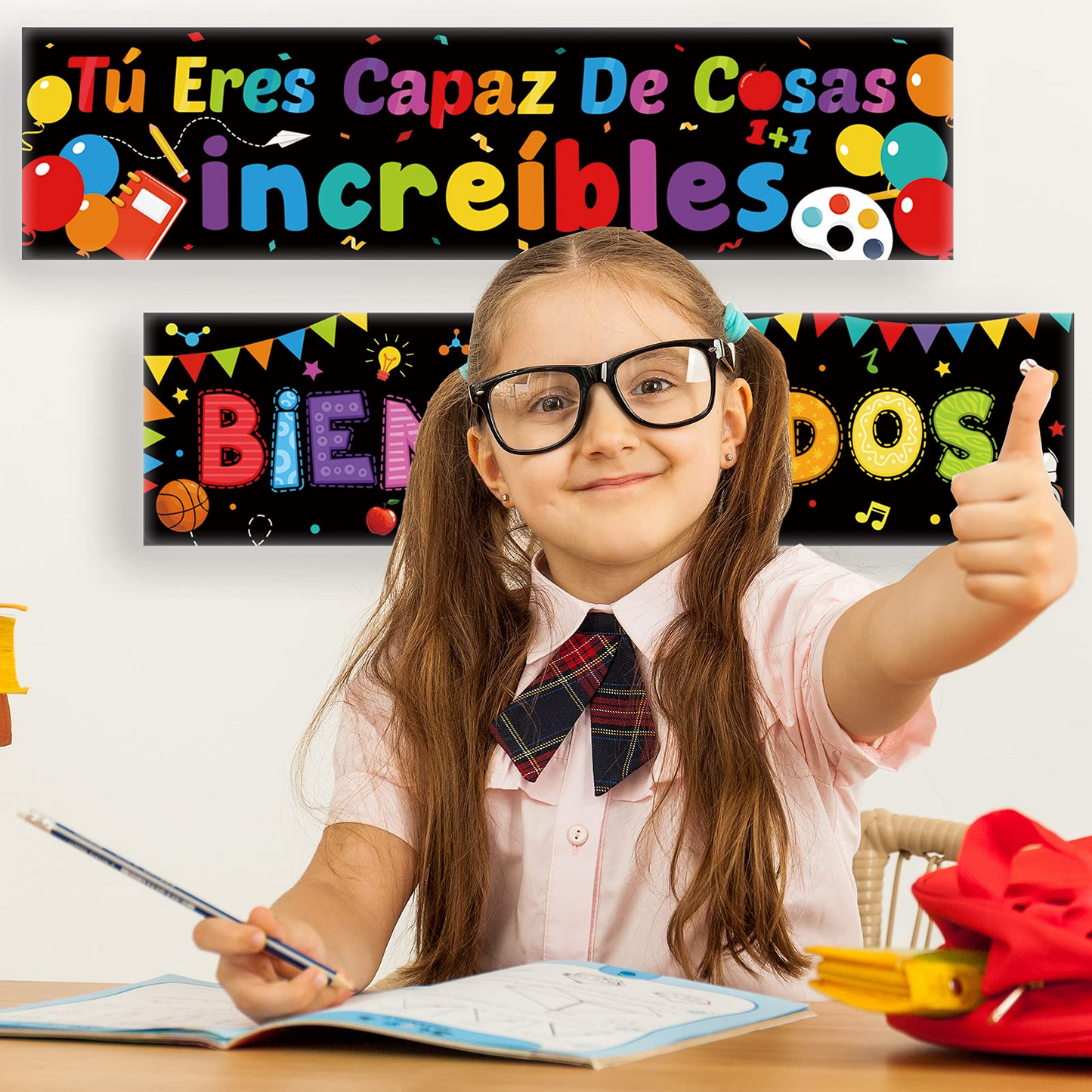 2 Pack Bienvenidos Sign Spanish Welcome Banners with 40 Pieces Adhesive Dots