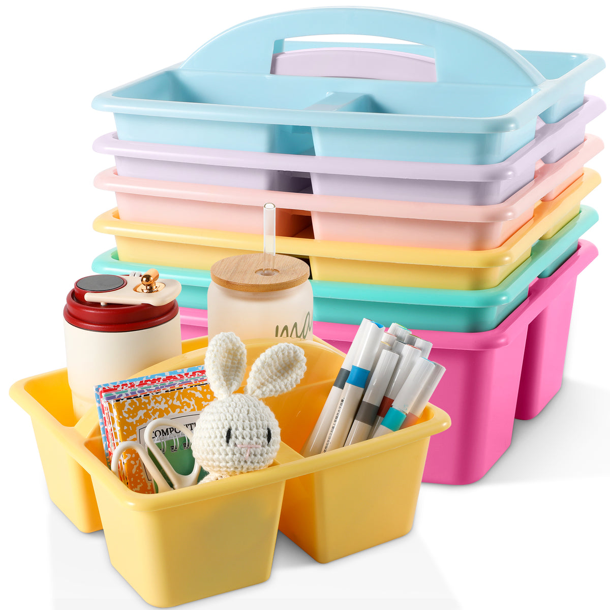 6 Pack Plastic Classroom Organizer Caddy with Handle, Pastel 3 Compartment, Portable Supply Storage Caddy, Craft Art Caddies for Pencil, Crayon, Marker, Home, Office, School Supplies
