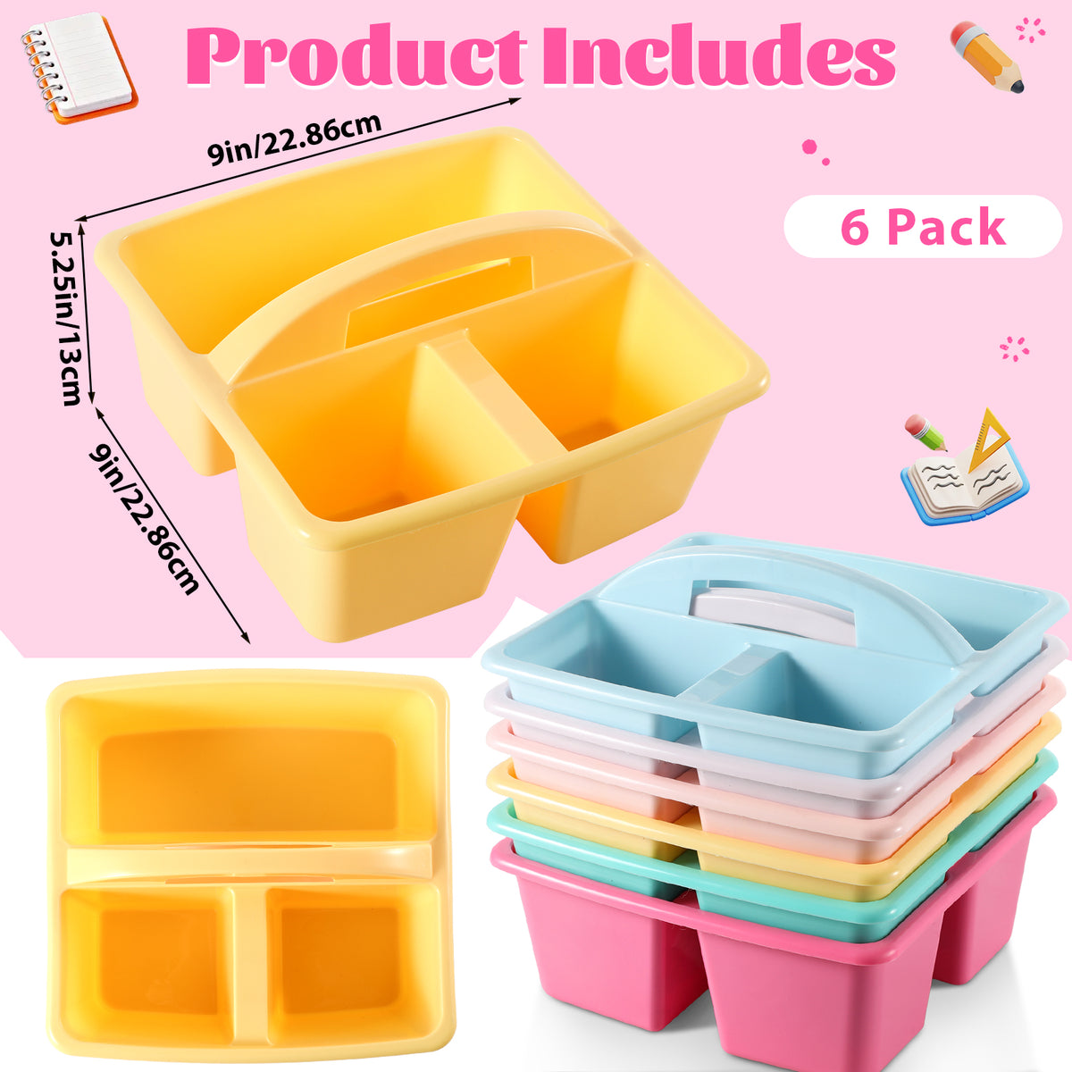 6 Pack Plastic Classroom Organizer Caddy with Handle, Pastel 3 Compartment, Portable Supply Storage Caddy, Craft Art Caddies for Pencil, Crayon, Marker, Home, Office, School Supplies
