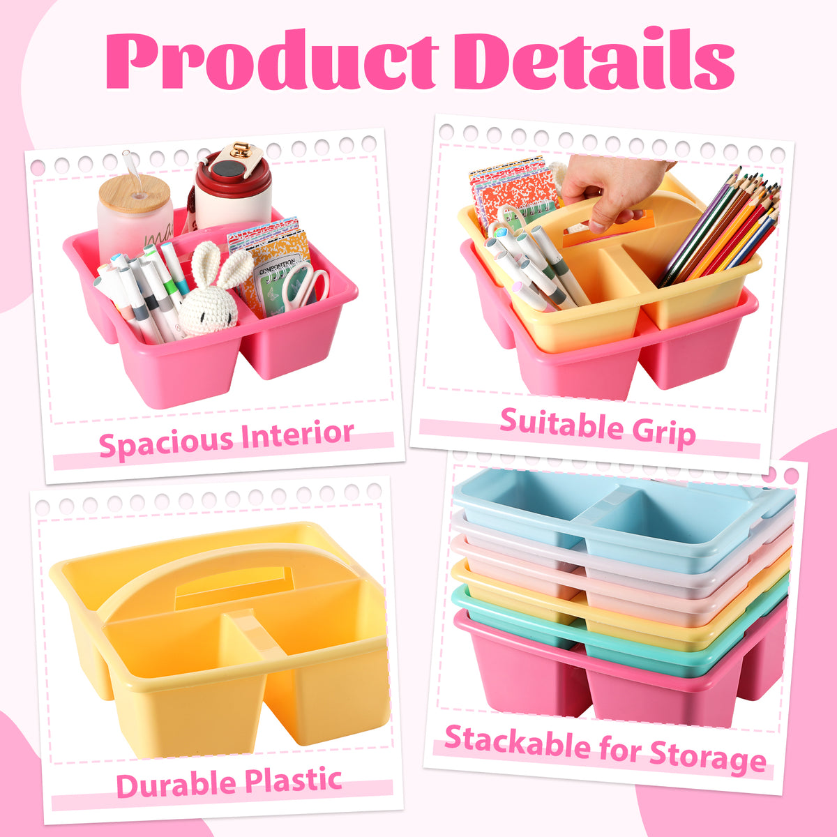 6 Pack Plastic Classroom Organizer Caddy with Handle, Pastel 3 Compartment, Portable Supply Storage Caddy, Craft Art Caddies for Pencil, Crayon, Marker, Home, Office, School Supplies