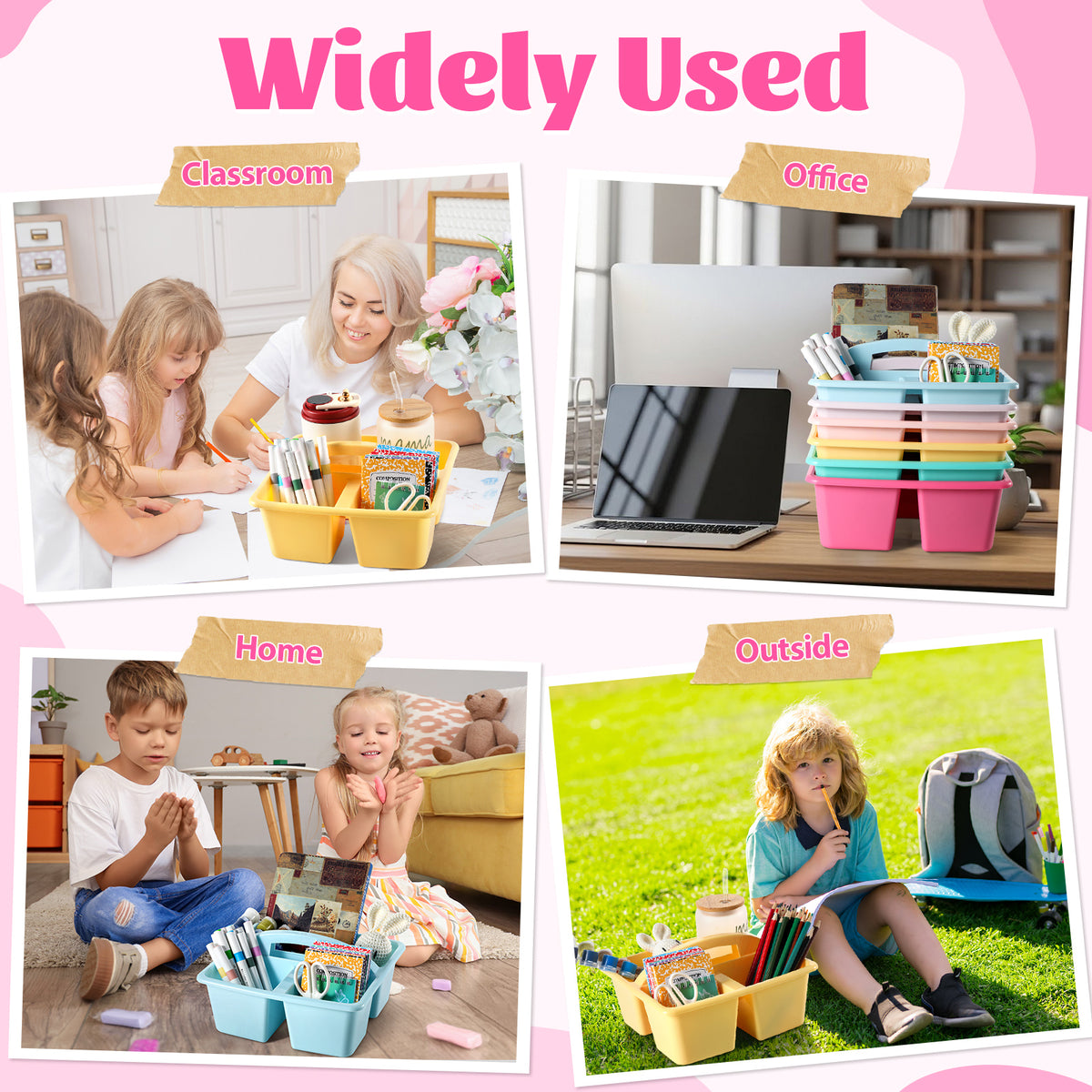 6 Pack Plastic Classroom Organizer Caddy with Handle, Pastel 3 Compartment, Portable Supply Storage Caddy, Craft Art Caddies for Pencil, Crayon, Marker, Home, Office, School Supplies