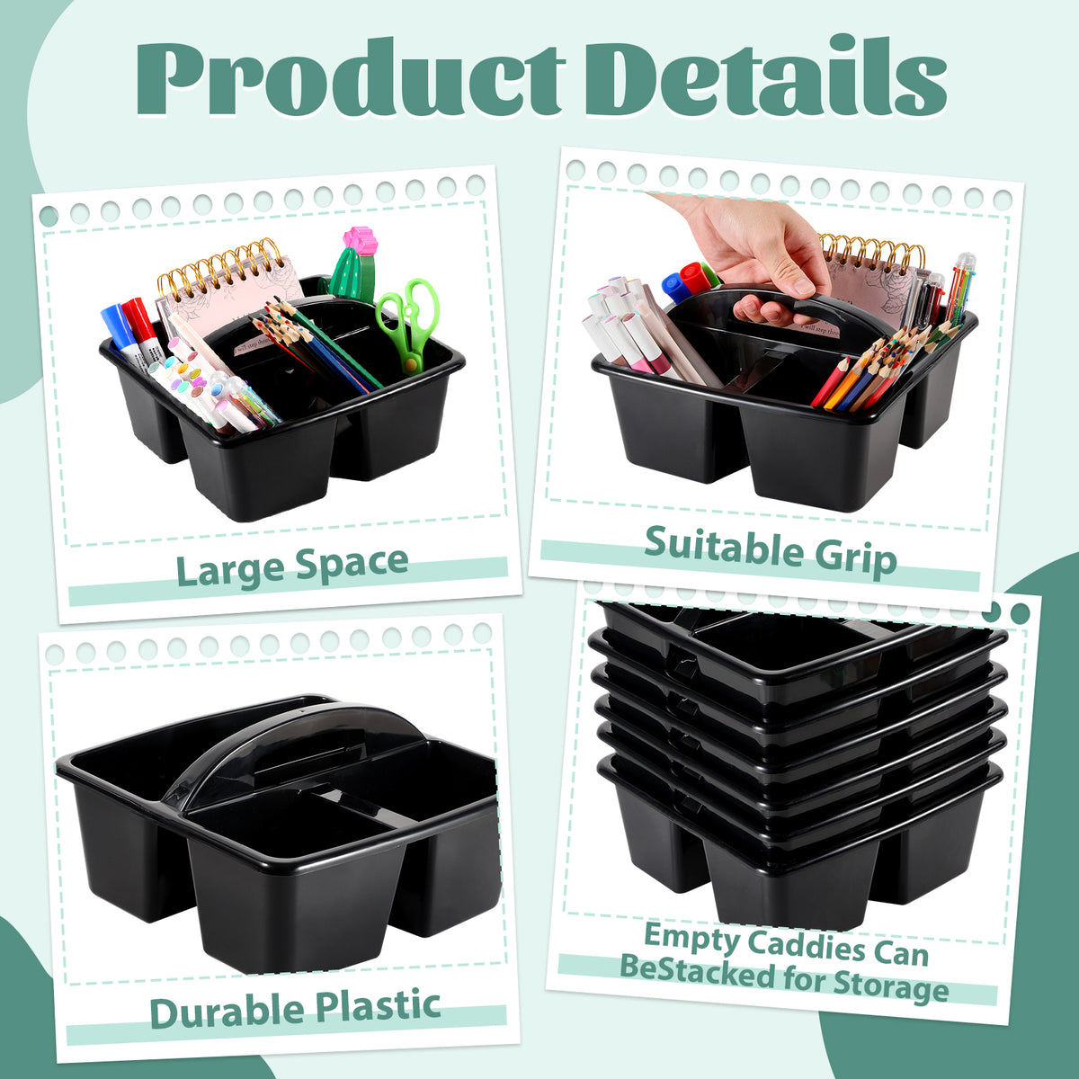 Sleek Black Classroom Table Caddies | Set of 6 Portable Supply Organizers