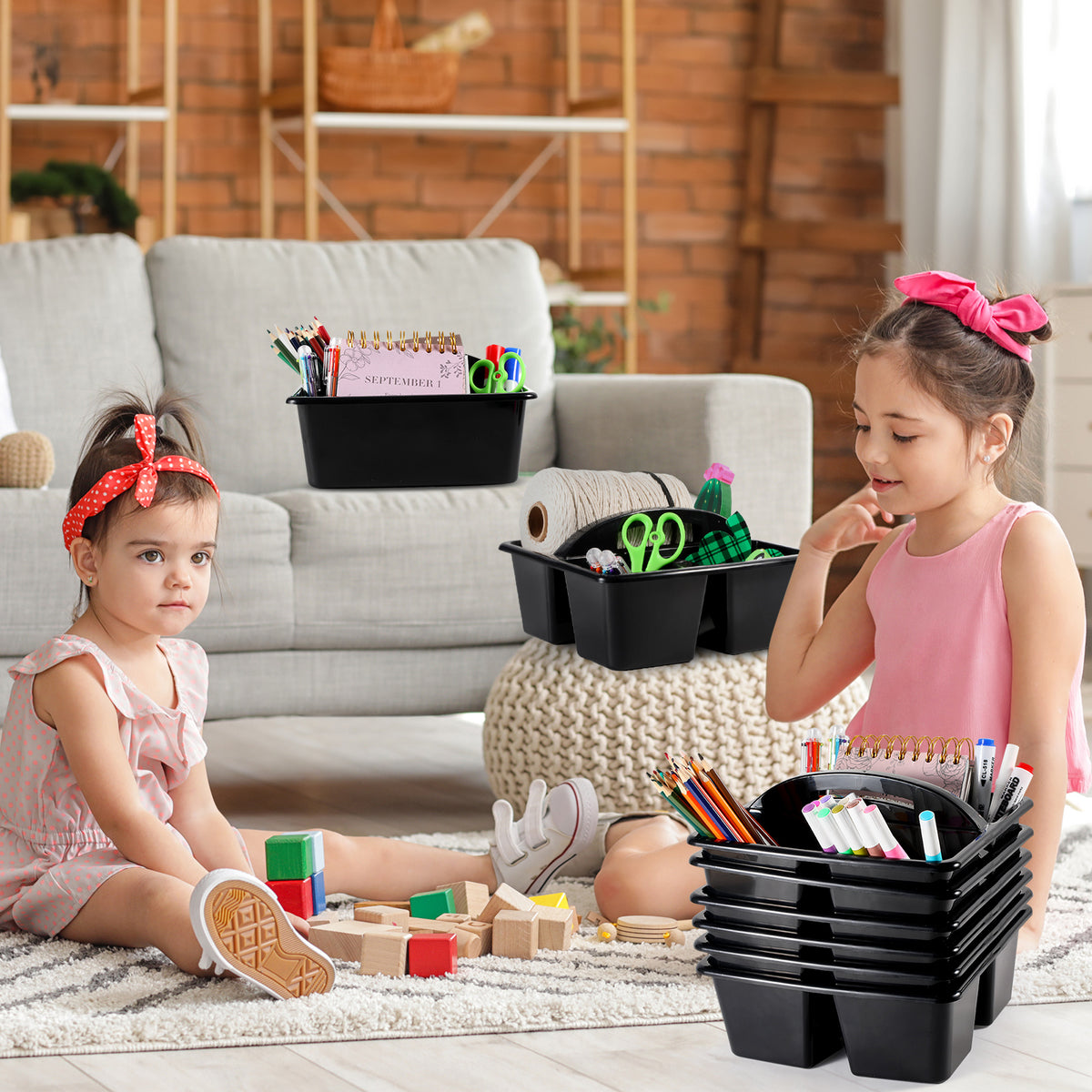 Sleek Black Classroom Table Caddies | Set of 6 Portable Supply Organizers