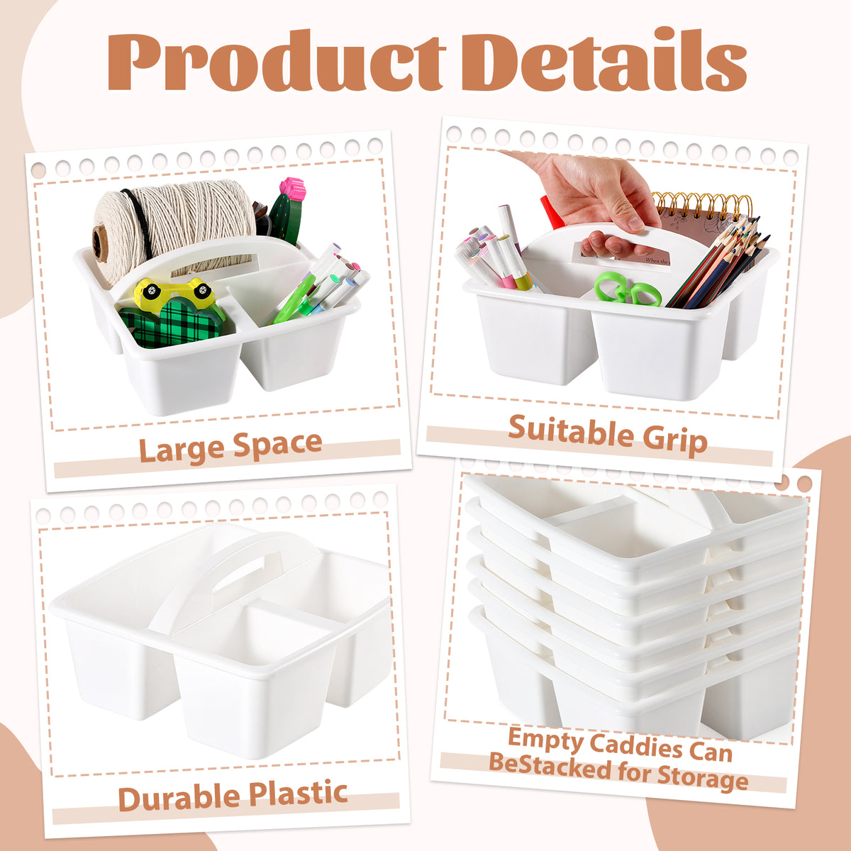 6 Pack Classroom Caddy with Handle Plastic Storage Caddy Organizer with 3 Compartments Desk Caddies Holder Portable Storage Bin for Pencil, Crayon, Marker, Home, Office, School Supplies(White)