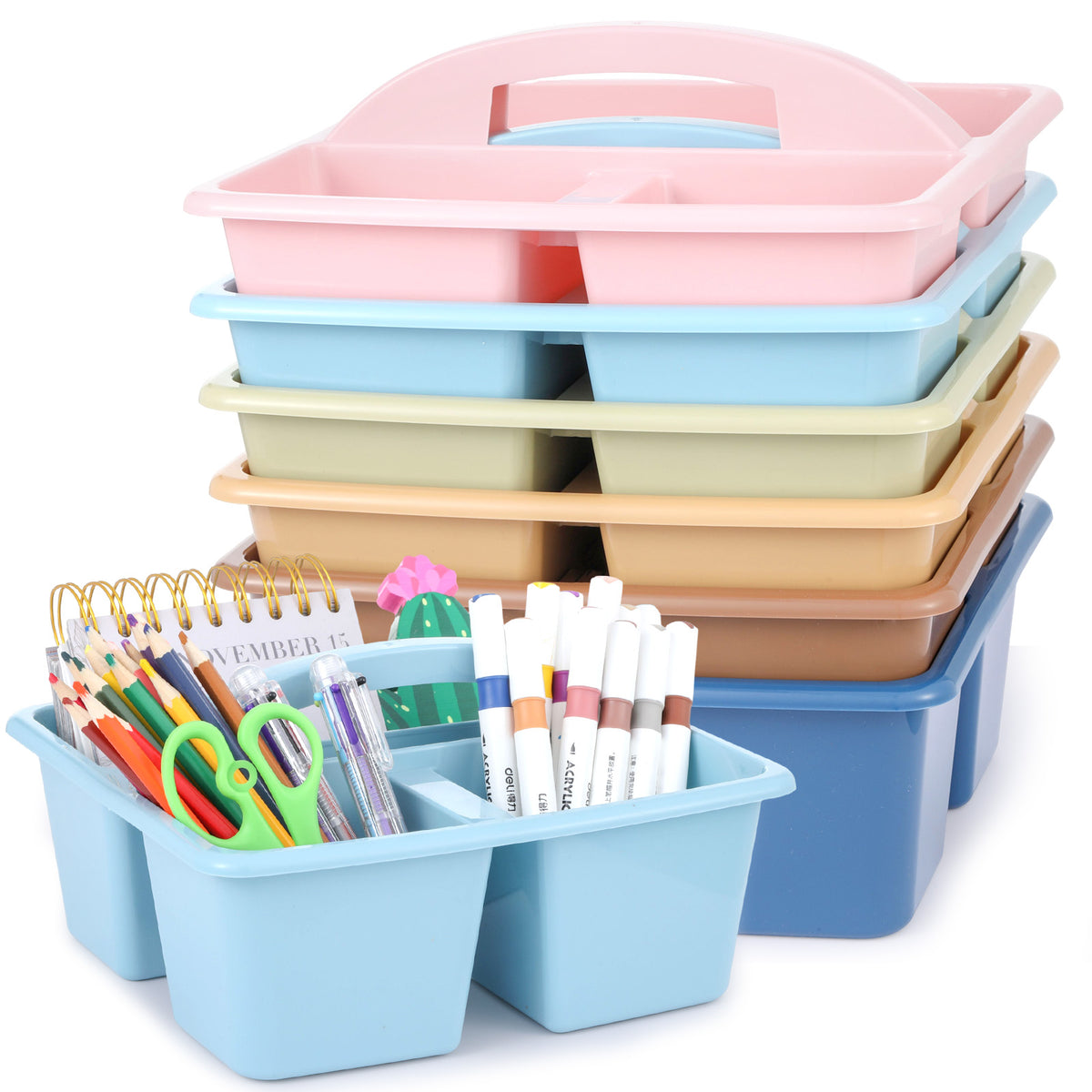 6 Pack Classroom Caddy with Handle Plastic Storage Caddy Organizer with 3 Compartments Desk Caddies Holder Portable Storage Bin for Pencil, Crayon, Marker, Home, Office, School Supply(Retro)