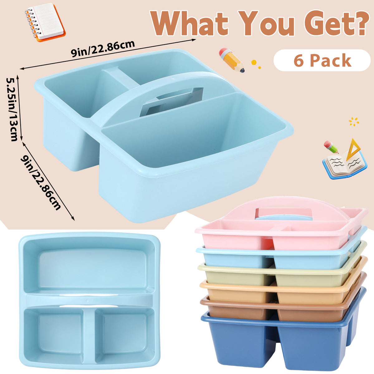 6 Pack Classroom Caddy with Handle Plastic Storage Caddy Organizer with 3 Compartments Desk Caddies Holder Portable Storage Bin for Pencil, Crayon, Marker, Home, Office, School Supply(Retro)
