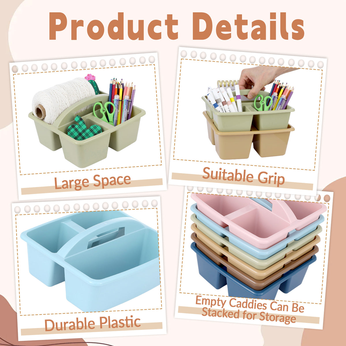 6 Pack Classroom Caddy with Handle Plastic Storage Caddy Organizer with 3 Compartments Desk Caddies Holder Portable Storage Bin for Pencil, Crayon, Marker, Home, Office, School Supply(Retro)