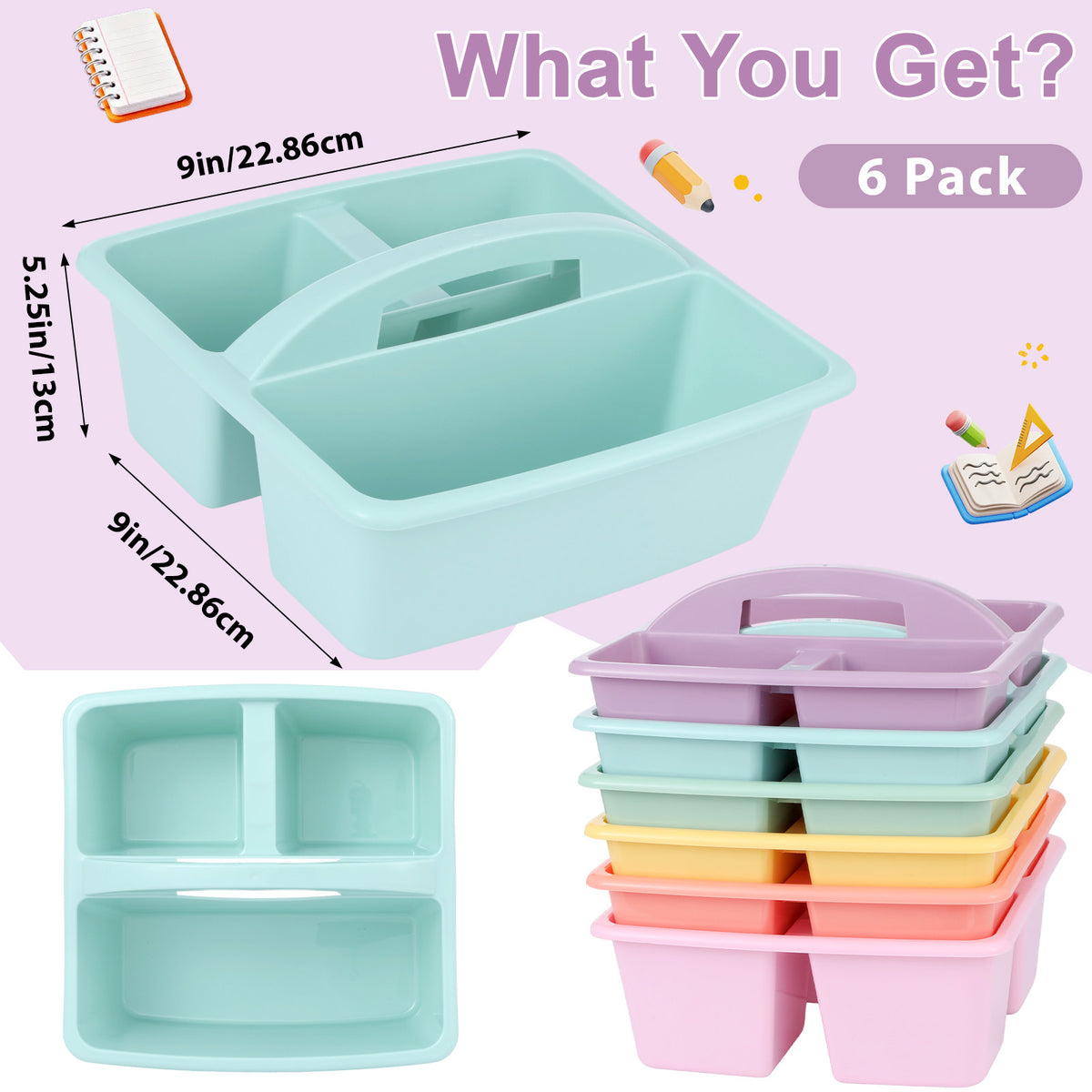 6 Pack Classroom Caddy with Handle Plastic Storage Caddy Organizer with 3 Compartments Desk Caddies Holder Portable Storage Bin for Pencil, Crayon, Marker, Home, Office, School Supply(Pastel)