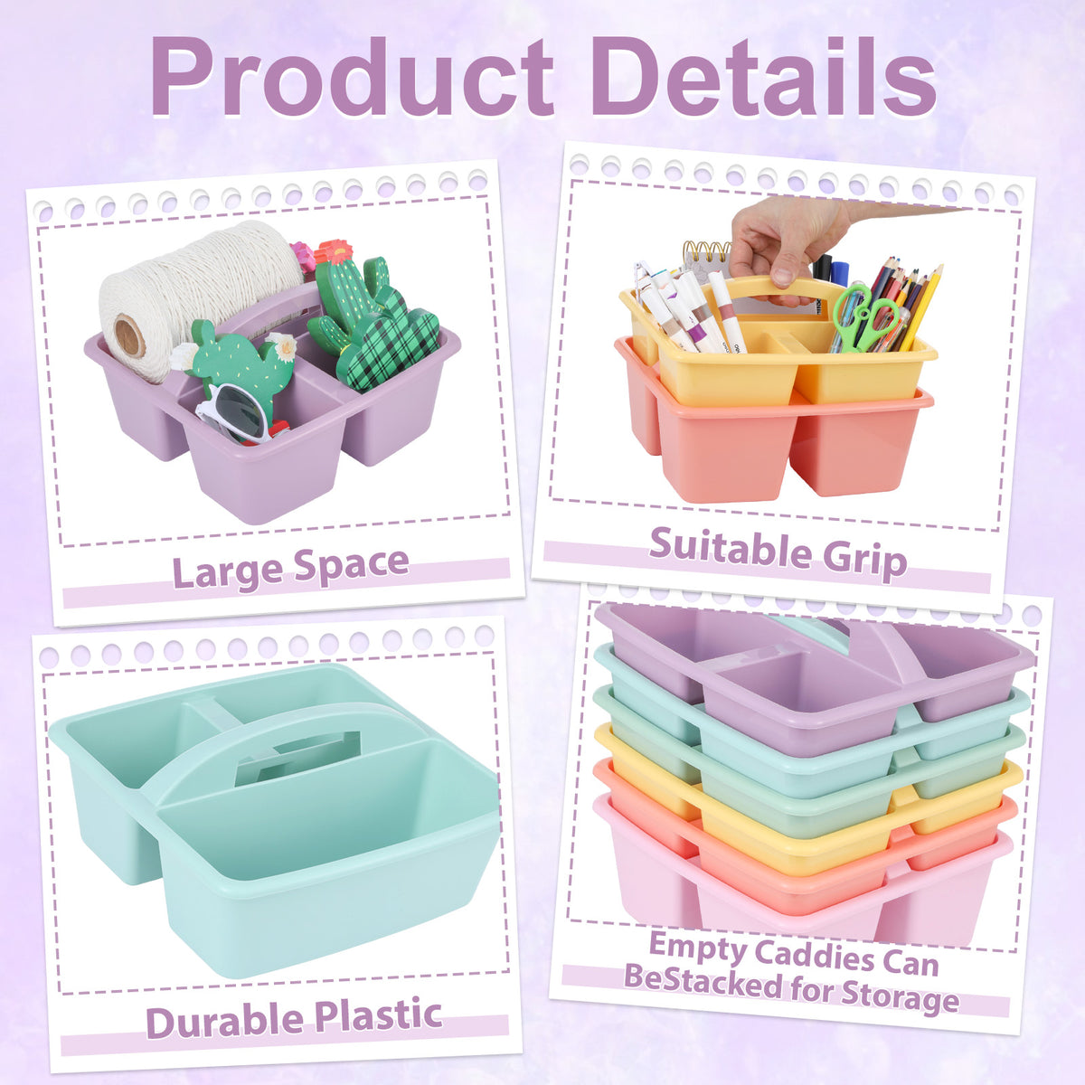 6 Pack Classroom Caddy with Handle Plastic Storage Caddy Organizer with 3 Compartments Desk Caddies Holder Portable Storage Bin for Pencil, Crayon, Marker, Home, Office, School Supply(Pastel)