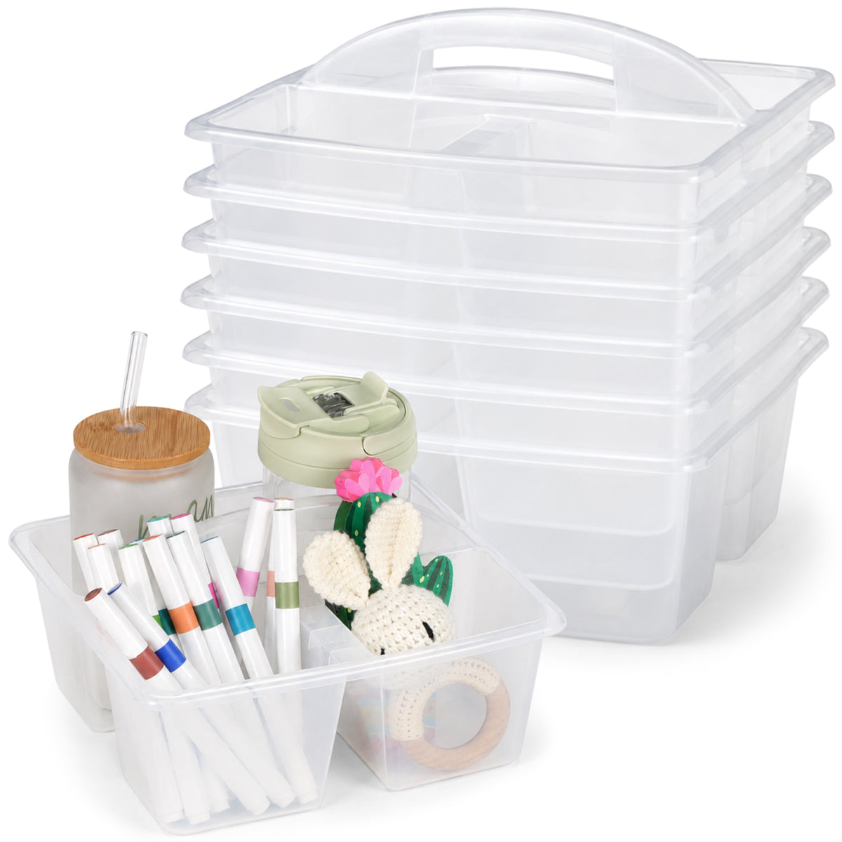 6 Pack Classroom Caddy with Handle Plastic Storage Caddy Organizer with 3 Compartments Desk Caddies Holder Portable Storage Bin for Pencil, Crayon, Marker, Home, Office, School Supply(Clear)