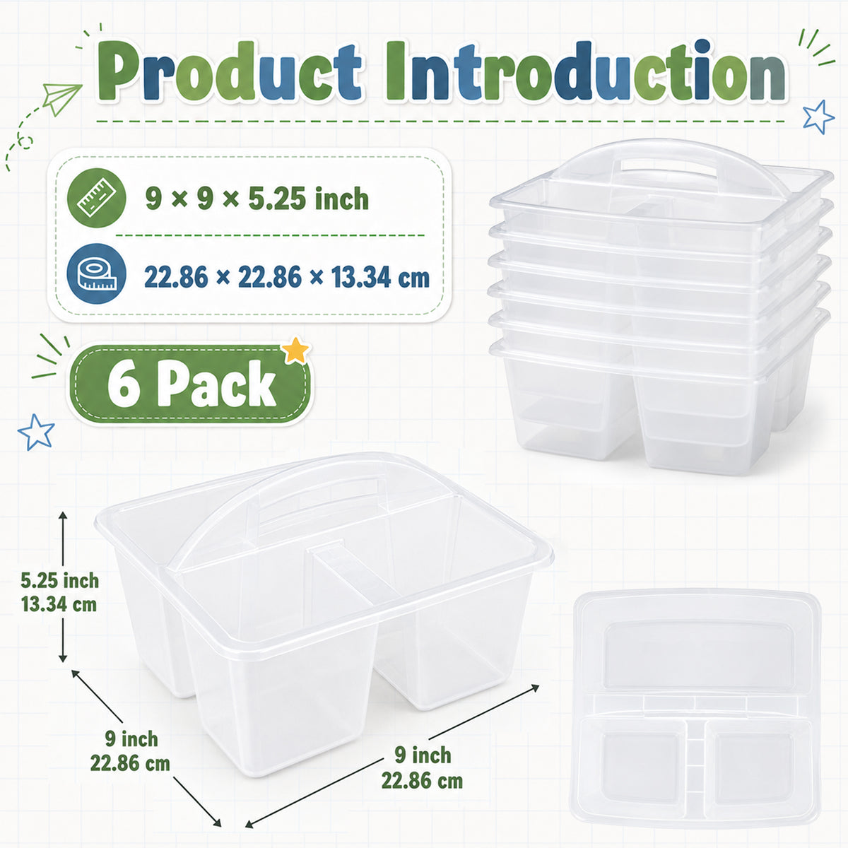 6 Pack Classroom Caddy with Handle Plastic Storage Caddy Organizer with 3 Compartments Desk Caddies Holder Portable Storage Bin for Pencil, Crayon, Marker, Home, Office, School Supply(Clear)