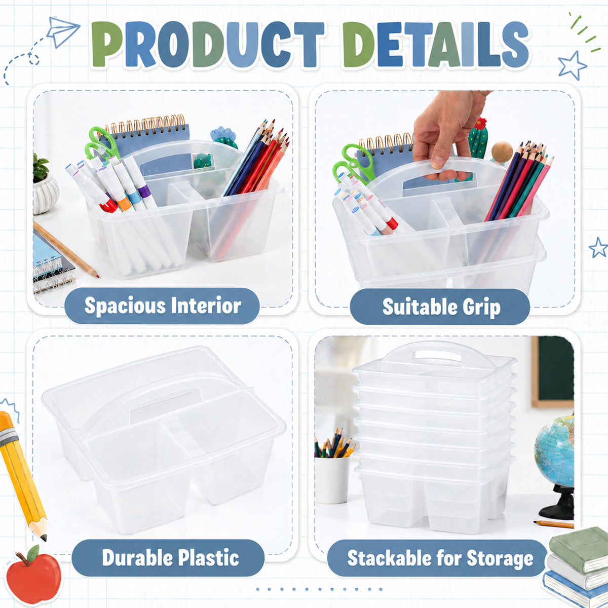 6 Pack Classroom Caddy with Handle Plastic Storage Caddy Organizer with 3 Compartments Desk Caddies Holder Portable Storage Bin for Pencil, Crayon, Marker, Home, Office, School Supply(Clear)