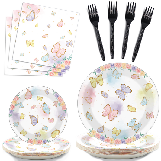 Butterfly Theme Party Supplies,Plates Napkins Forks Set of 96pcs