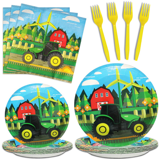 96 Pieces Green Tractor Party Tableware Set Paper Plates Napkins Forks for 24 Guests