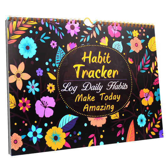 Black Habit Tracker Calendar Goal Planner with Spiral Binding - 12+2 Month