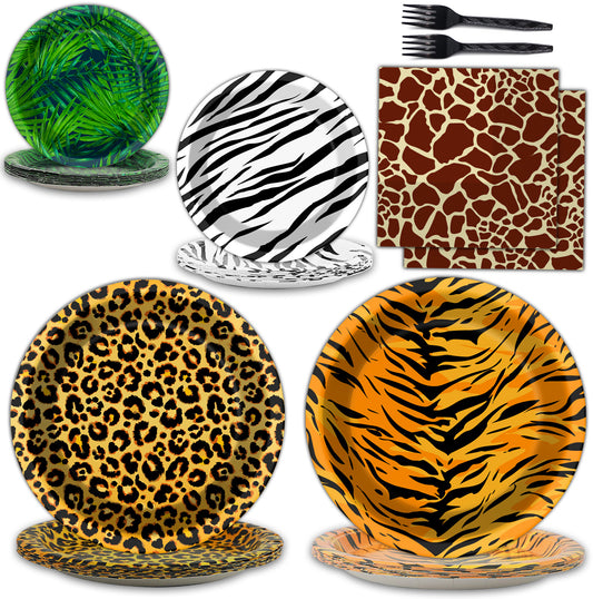 Jungle Theme Party Supplies,Plates Napkins Forks Set of 96pcs