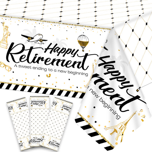Set of 3 White and Gold Happy Retirement Tableclothes