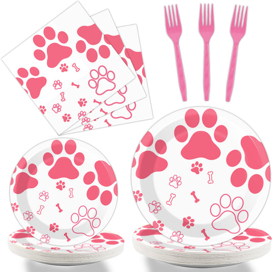 Pink Dog Paw Prints tableware set - baby shower or Puppy birthday party supplies