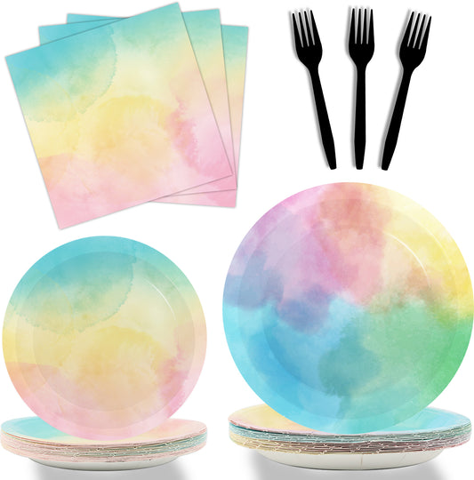 Rainbow Pastel Theme Party Supplies,Plates Napkins Forks Set of 96pcs