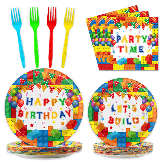 96 Pcs Building Block Birthday Party Supplies for 24 Guests（White）