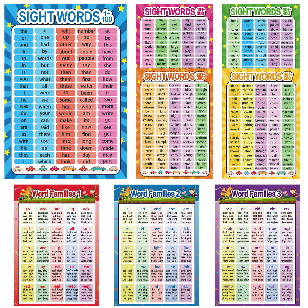 8 Pieces Educational Posters Sight Words and Word Families Posters