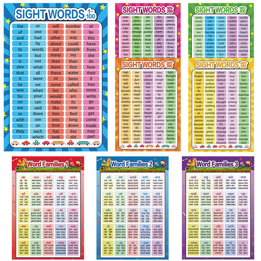 8 Pieces Educational Posters Sight Words and Word Families Posters