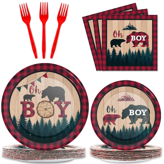 96 Pieces Oh Boy Buffalo Baby Shower Tableware Set Paper Plates Napkins Forks for 24 Guests