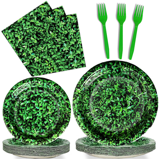Green Leaves Theme Party Supplies,Plates Napkins Forks Set of 96pcs