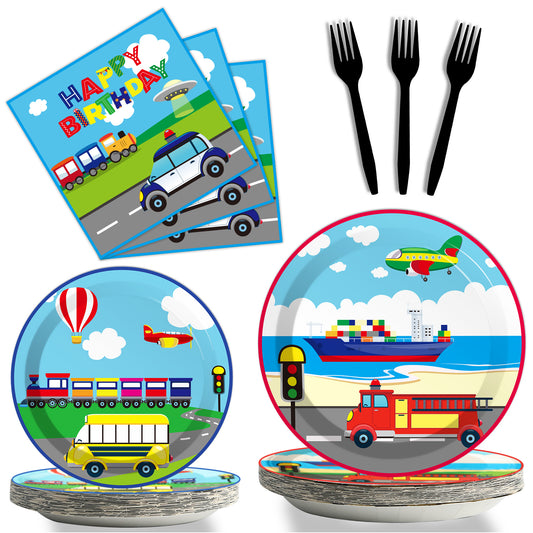 Transportation Theme Party Supplies,Plates Napkins Forks Set of 96pcs