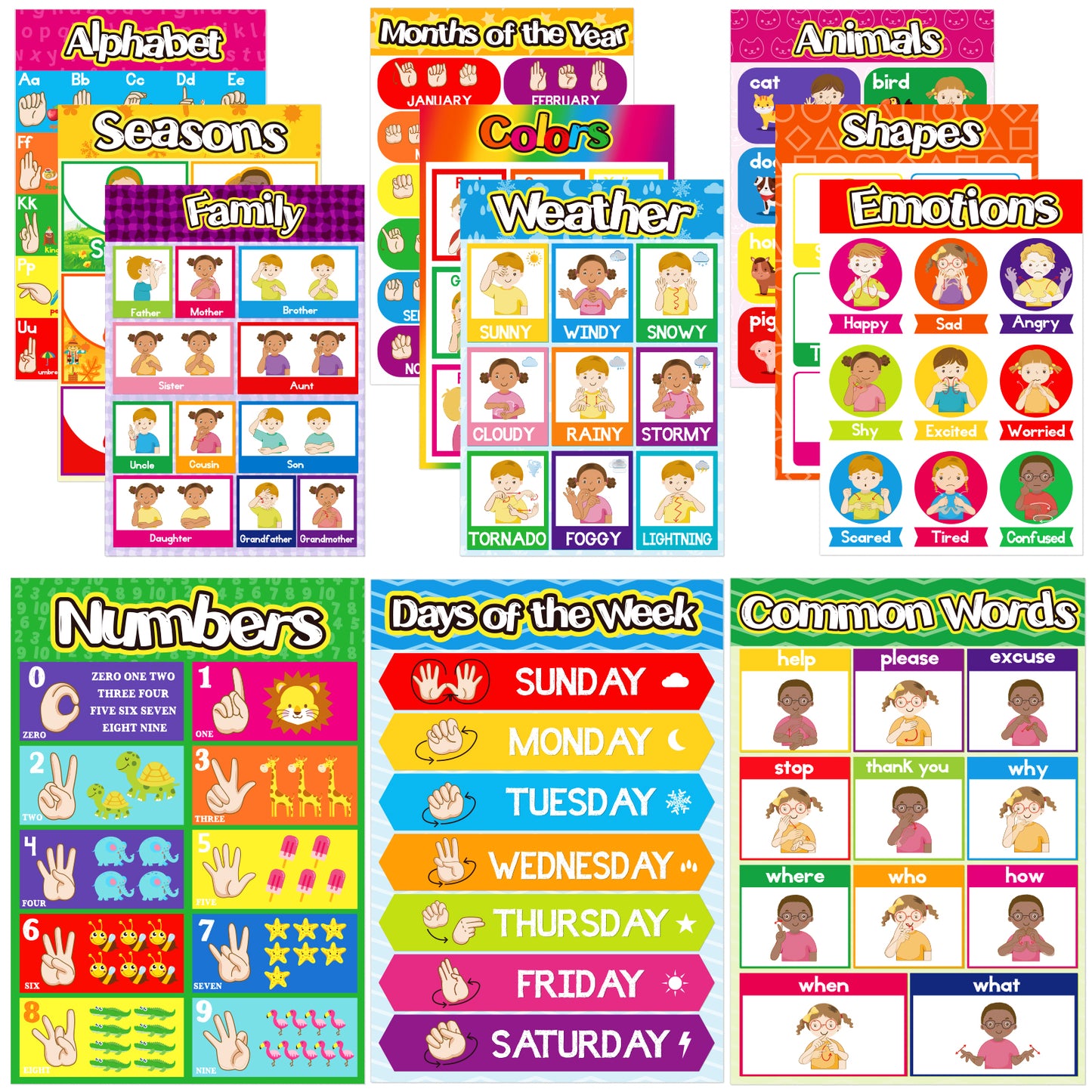 12 Pieces Sign Language ASL poster for Education - 11 x 16inch